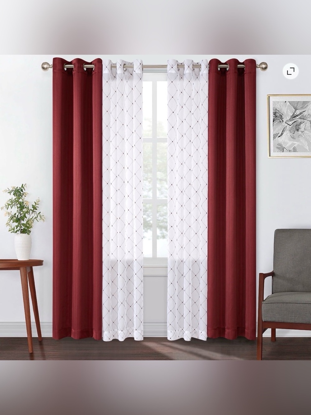 BH&G Maroon Embroidered Lattice Sheer & Twill Weave 4 Piece Curtain Set 84 inch!
